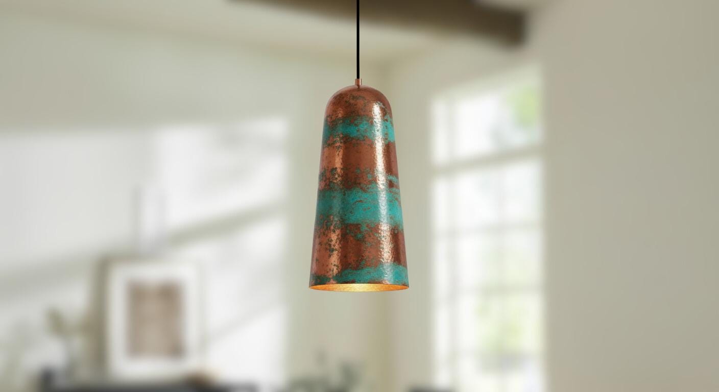 Handmade Green Patina Copper Pendant Light - Rustic Farmhouse Dome Lamp