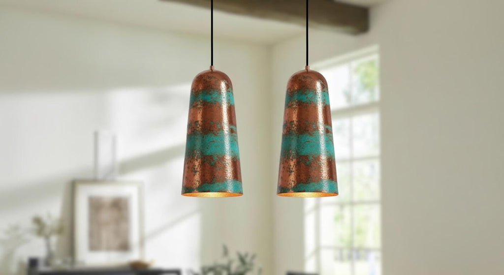 Handmade Green Patina Copper Pendant Light - Rustic Farmhouse Dome Lamp