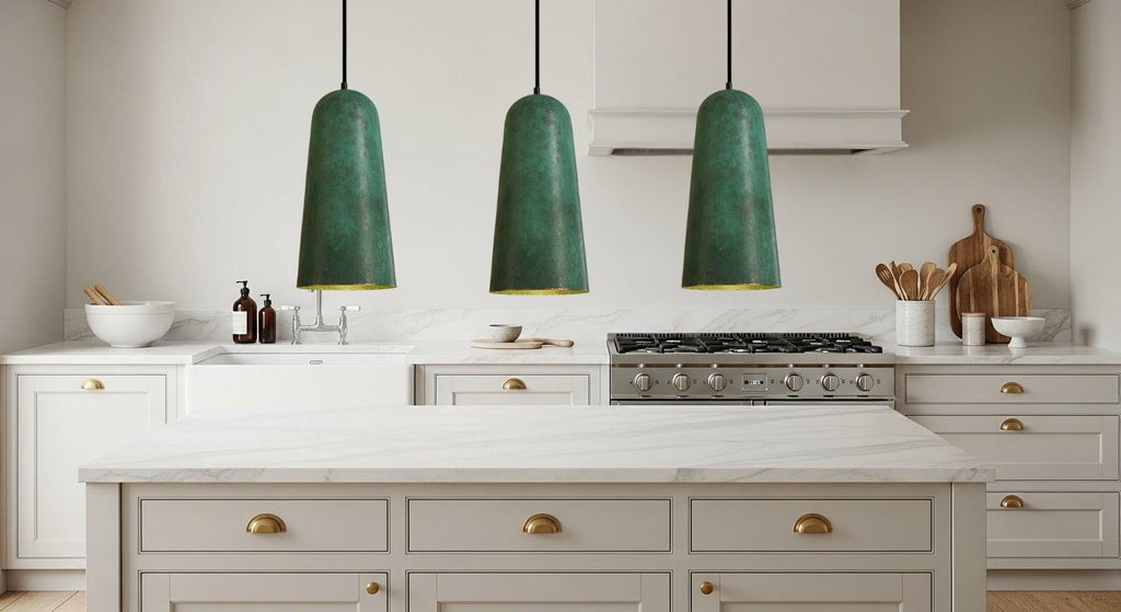 Handmade Green Patina Copper Pendant Light - Rustic Farmhouse Dome Lamp - Verdigris Patina Kitchen Island Lighting -Copper Hanging Lamp