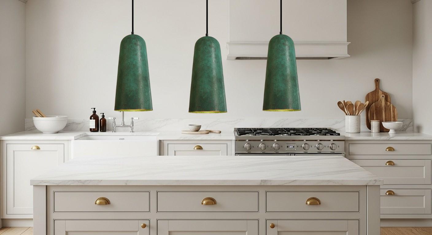 Handmade Green Patina Copper Pendant Light - Rustic Farmhouse Dome Lamp - Verdigris Patina Kitchen Island Lighting -Copper Hanging Lamp