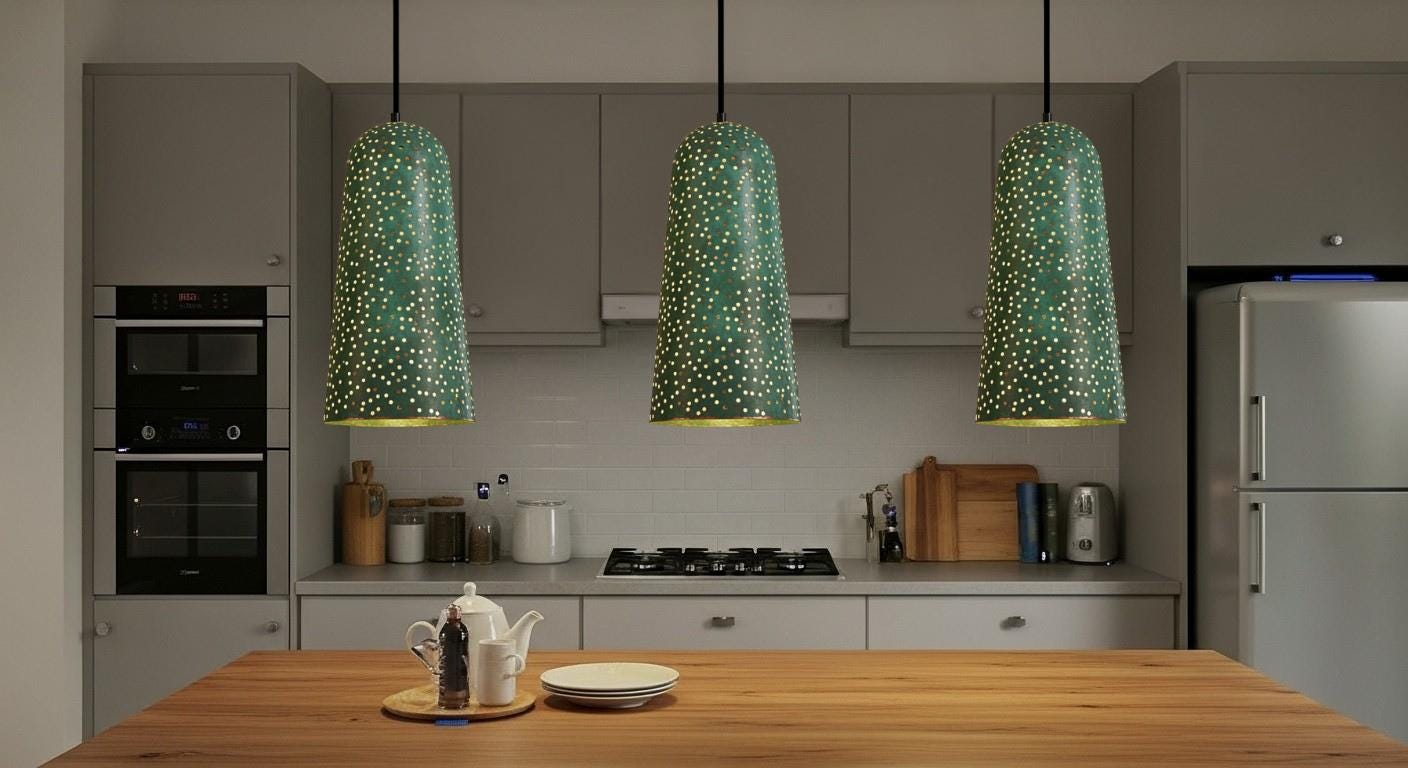 Handmade Green Patina Pendant Light | Moroccan Brass Lamp with Star Pierced Design | Boho Ceiling Lighting for Cozy Home Decor