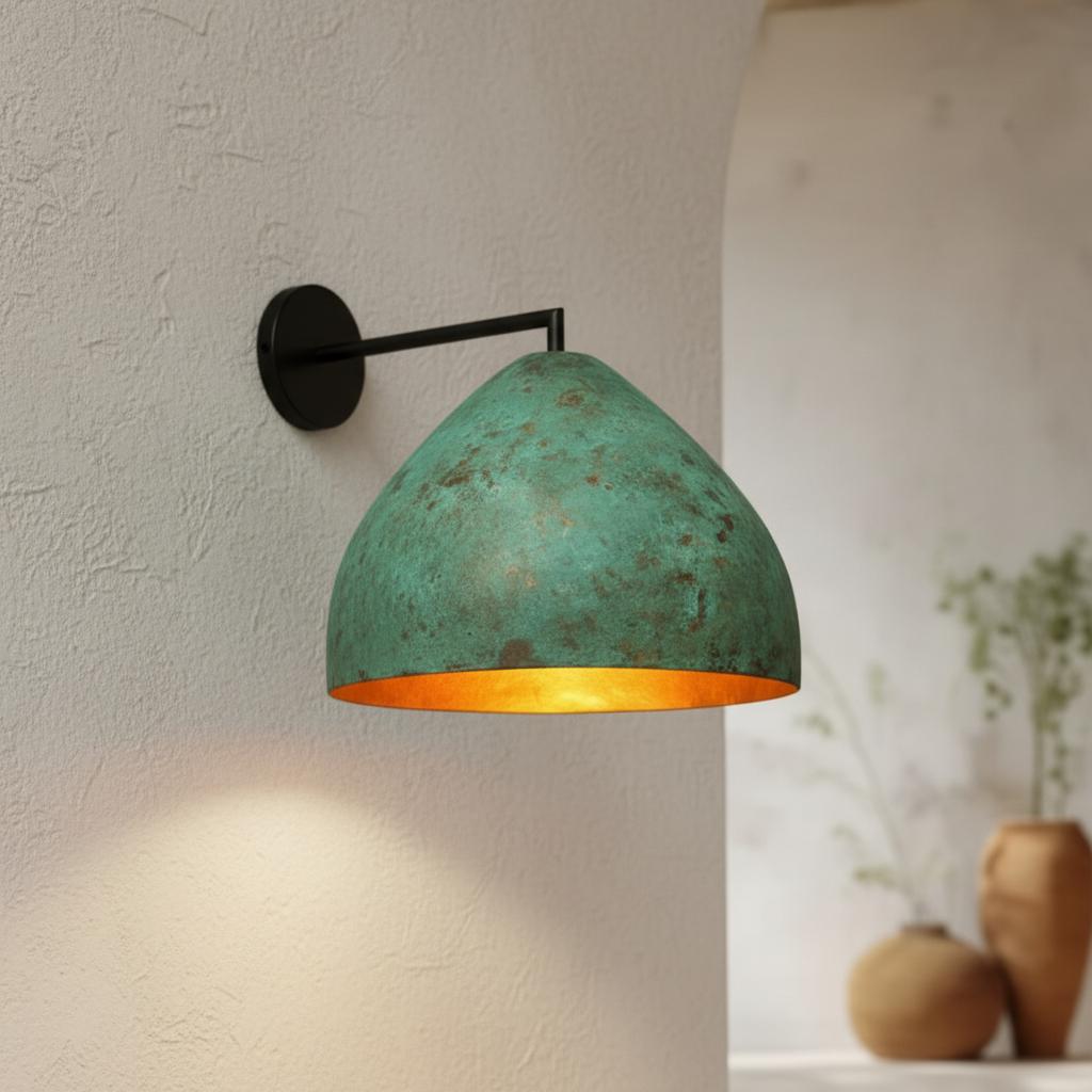 Handmade Green Patina Wall Lamp | Rustic Brass Sconce Light Fixture | Boho Vintage Lighting for Living Room or Bedroom Decor