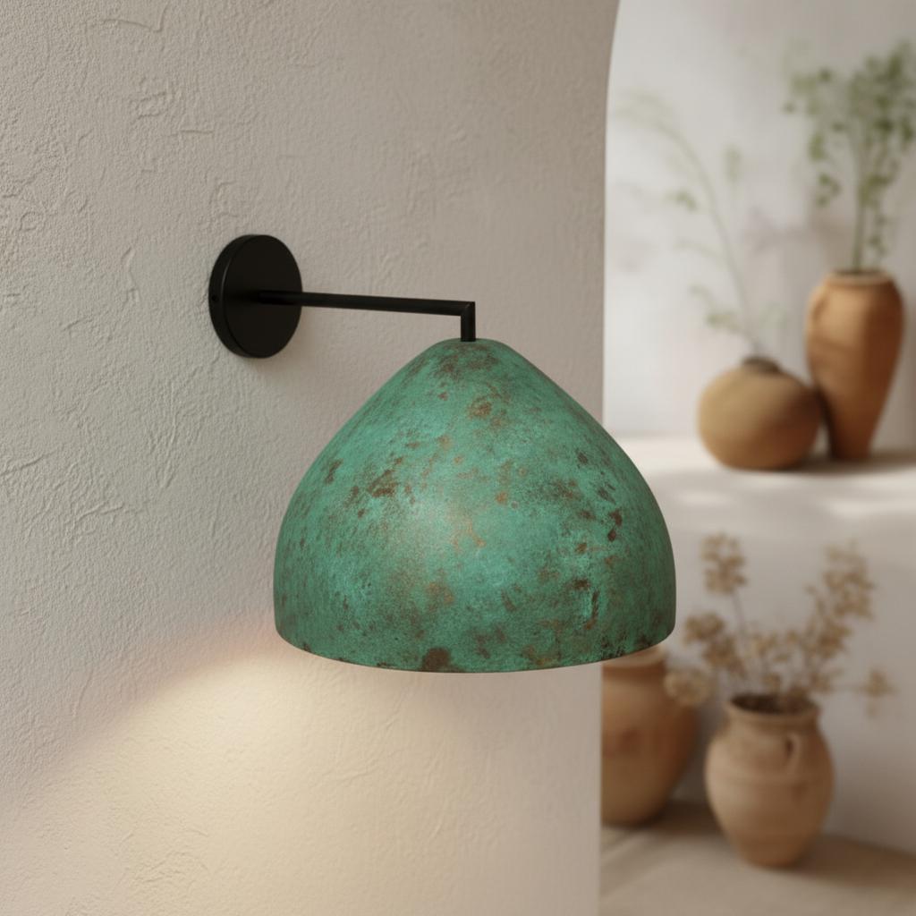 Handmade Green Patina Wall Lamp | Rustic Brass Sconce Light Fixture | Boho Vintage Lighting for Living Room or Bedroom Decor
