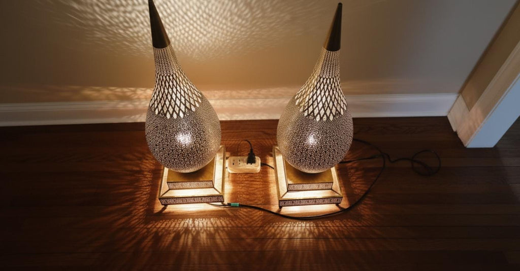 Handmade Moroccan Brass Floor Lamp   Moroccan Art Lamp – Tall Teardrop Floor Light – Handcrafted Shadow Lamp for Home Decor