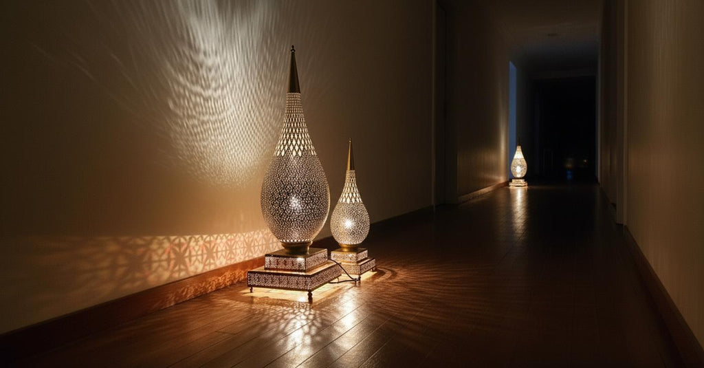 Handmade Moroccan Brass Floor Lamp   Moroccan Art Lamp – Tall Teardrop Floor Light – Handcrafted Shadow Lamp for Home Decor