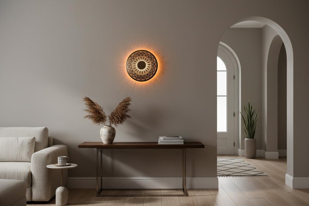 Moroccan Brass Wall Sconce , Moroccan Round Wall sconce , Floral Night Light Lampshade , Marocain Boho Light , Handcrafted Geometric Lamp