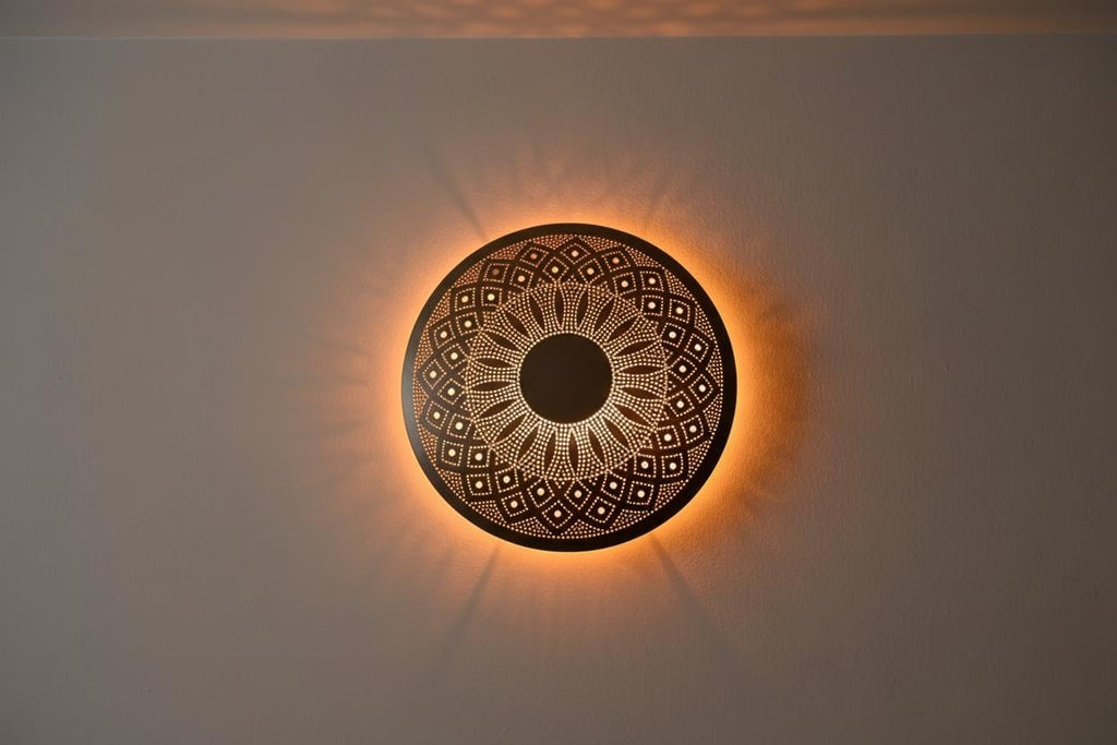 Moroccan Brass Wall Sconce , Moroccan Round Wall sconce , Floral Night Light Lampshade , Marocain Boho Light , Handcrafted Geometric Lamp