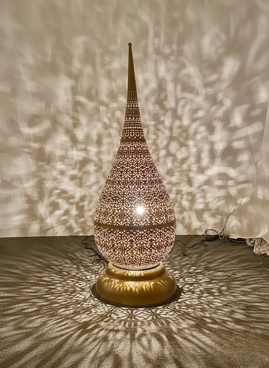 Moroccan Tear Drop Floor Lamp –Handmade Moroccan Lighting –Handmade Brass Filigree Light –hand engraved lampshade–Arabic Pattern Shadow Lamp