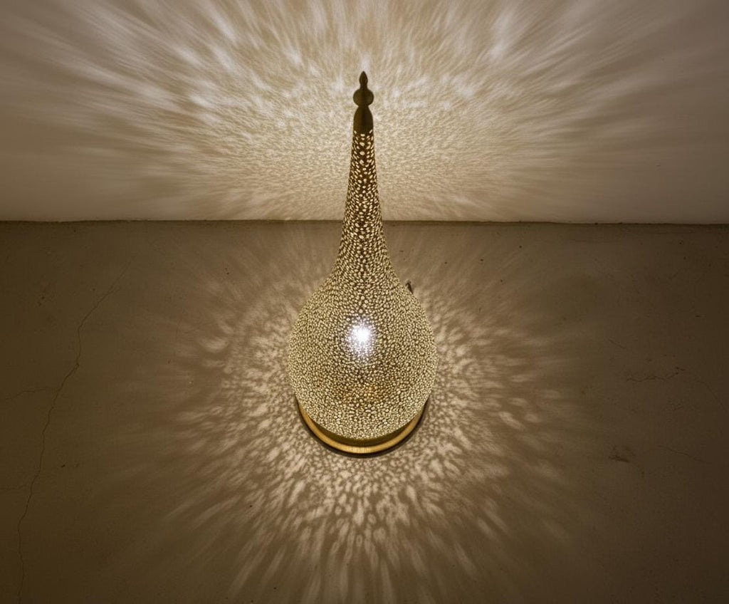 Handmade Moroccan Floor Lamp – Brass Pierced Light – Elegant Teardrop Shape – Handmade Moroccan Lighting – Boho Decor Light Fixture