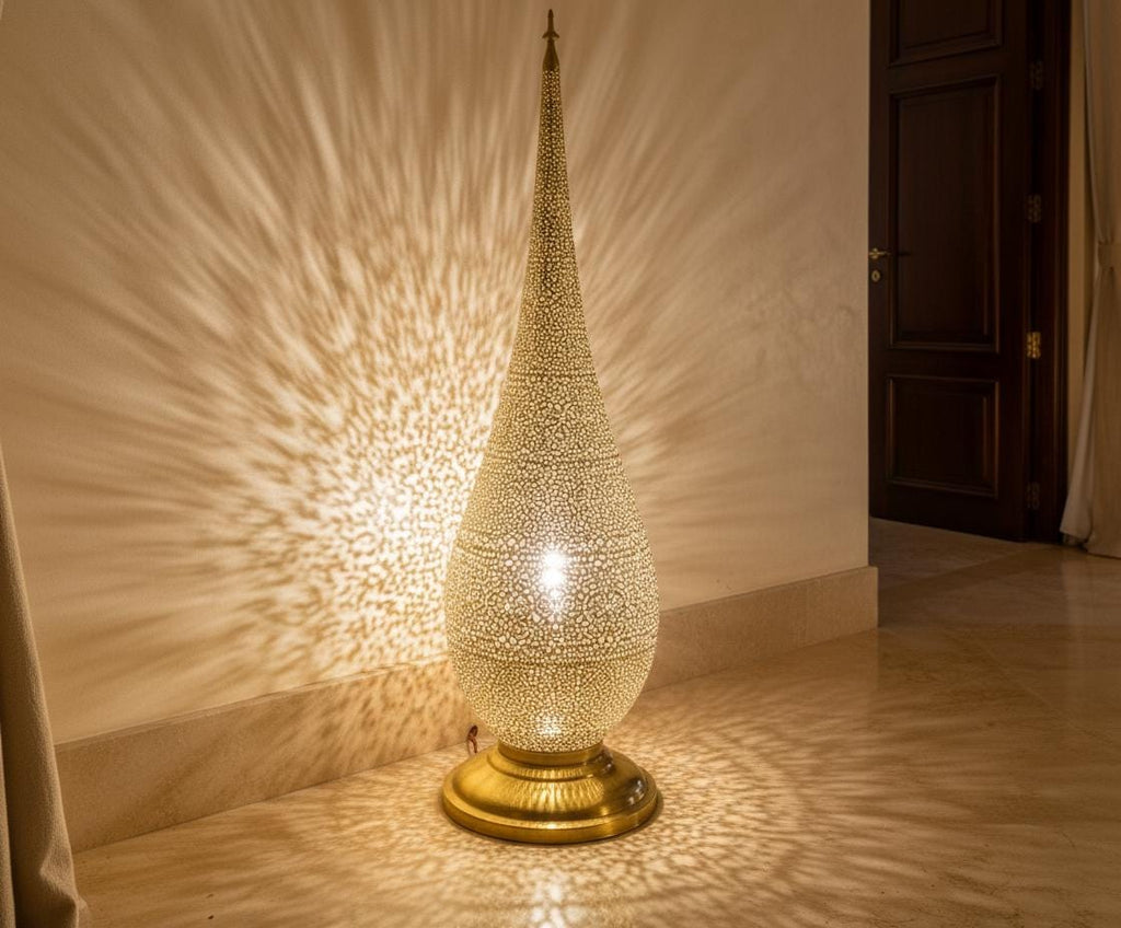 Handmade Moroccan Floor Lamp – Brass Pierced Light – Elegant Teardrop Shape – Handmade Moroccan Lighting – Boho Decor Light Fixture
