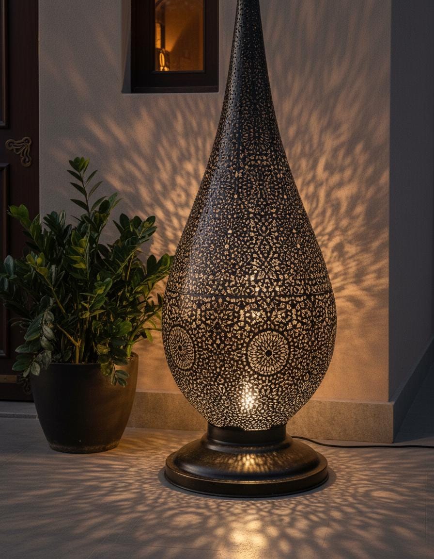 Handmade Brass Moroccan Floor Lamp –Brass Pierced Light – Elegant Teardrop Shape – Handmade Moroccan Lighting – Boho Decor Light Fixture