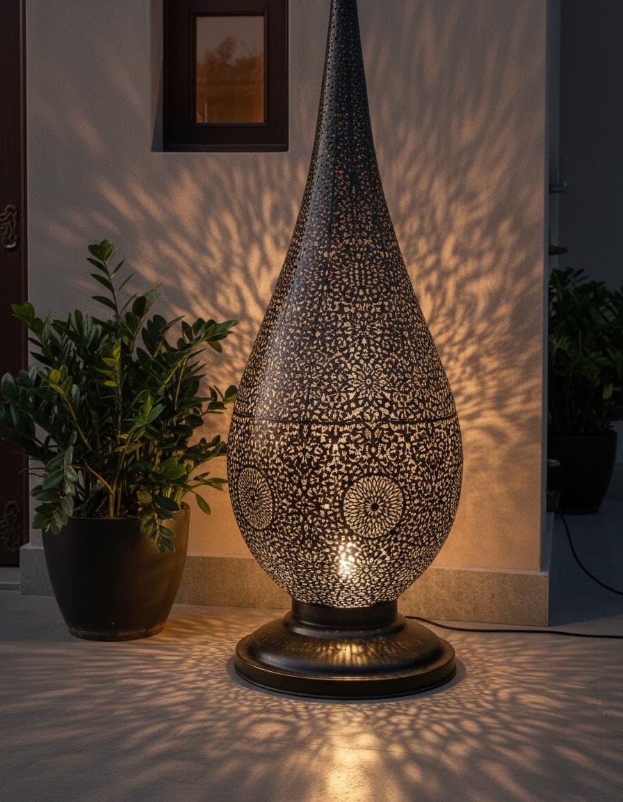 Handmade Brass Moroccan Floor Lamp –Brass Pierced Light – Elegant Teardrop Shape – Handmade Moroccan Lighting – Boho Decor Light Fixture
