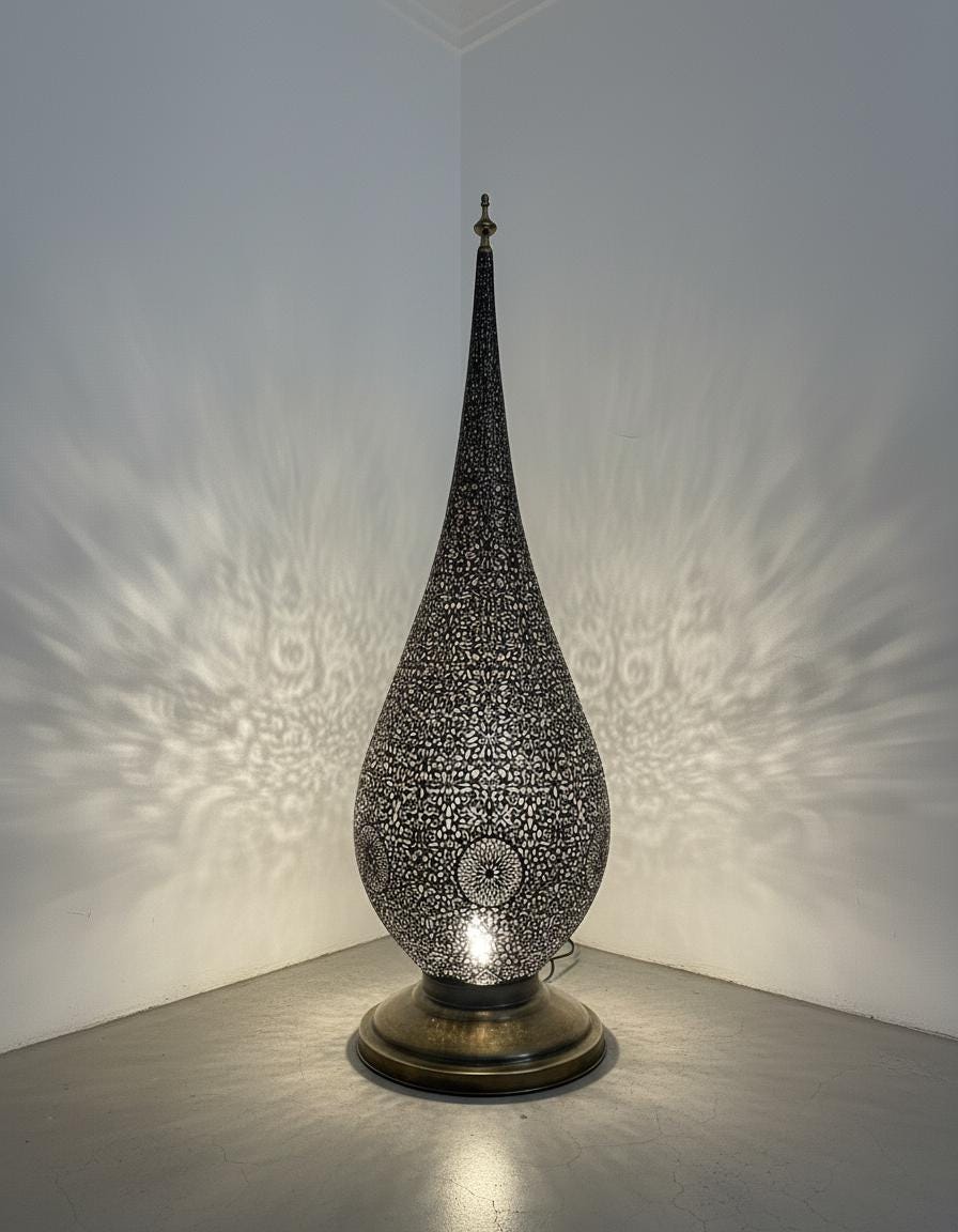 Handmade Brass Moroccan Floor Lamp –Brass Pierced Light – Elegant Teardrop Shape – Handmade Moroccan Lighting – Boho Decor Light Fixture