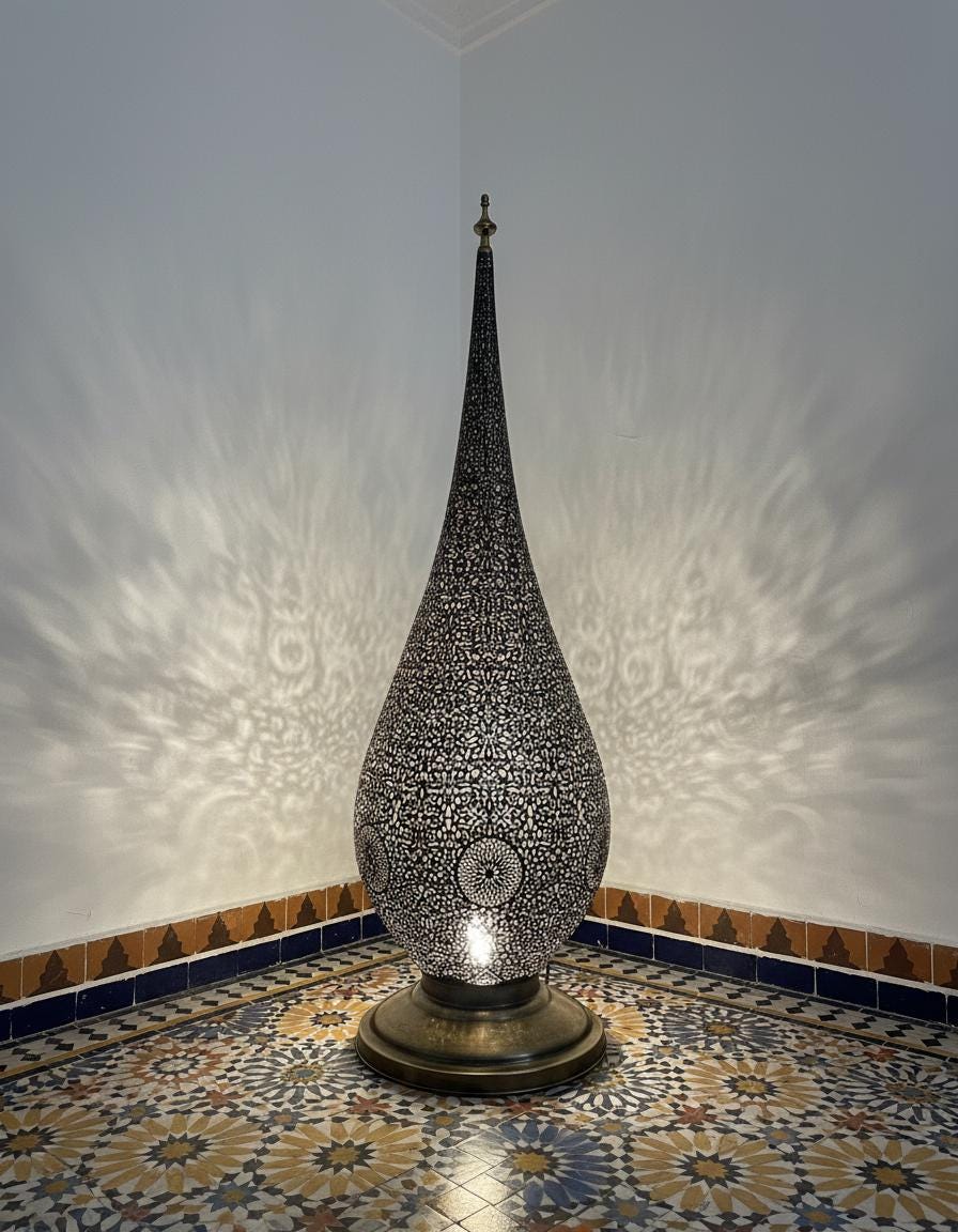 Handmade Brass Moroccan Floor Lamp –Brass Pierced Light – Elegant Teardrop Shape – Handmade Moroccan Lighting – Boho Decor Light Fixture