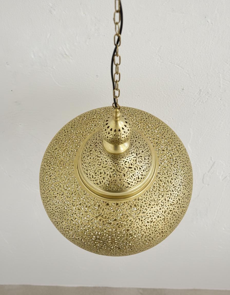 Handmade Moroccan Brass Pendant Light – Boho Hanging Lamp – Unique Ceiling Light for Living Room & Dining Room Decor –Boho Moroccan Lighting