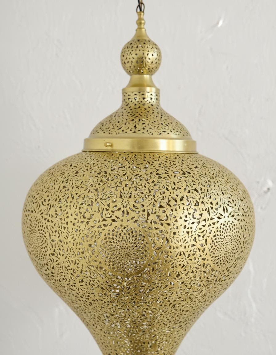 Handmade Moroccan Brass Pendant Light – Boho Hanging Lamp – Unique Ceiling Light for Living Room & Dining Room Decor –Boho Moroccan Lighting