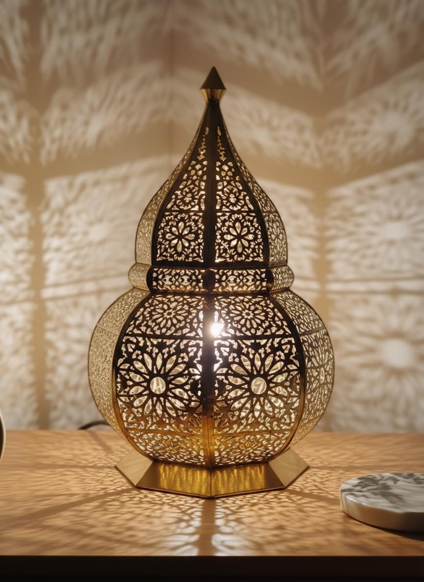 Handmade Moroccan Brass Table Lamp: Art Deco Night Light