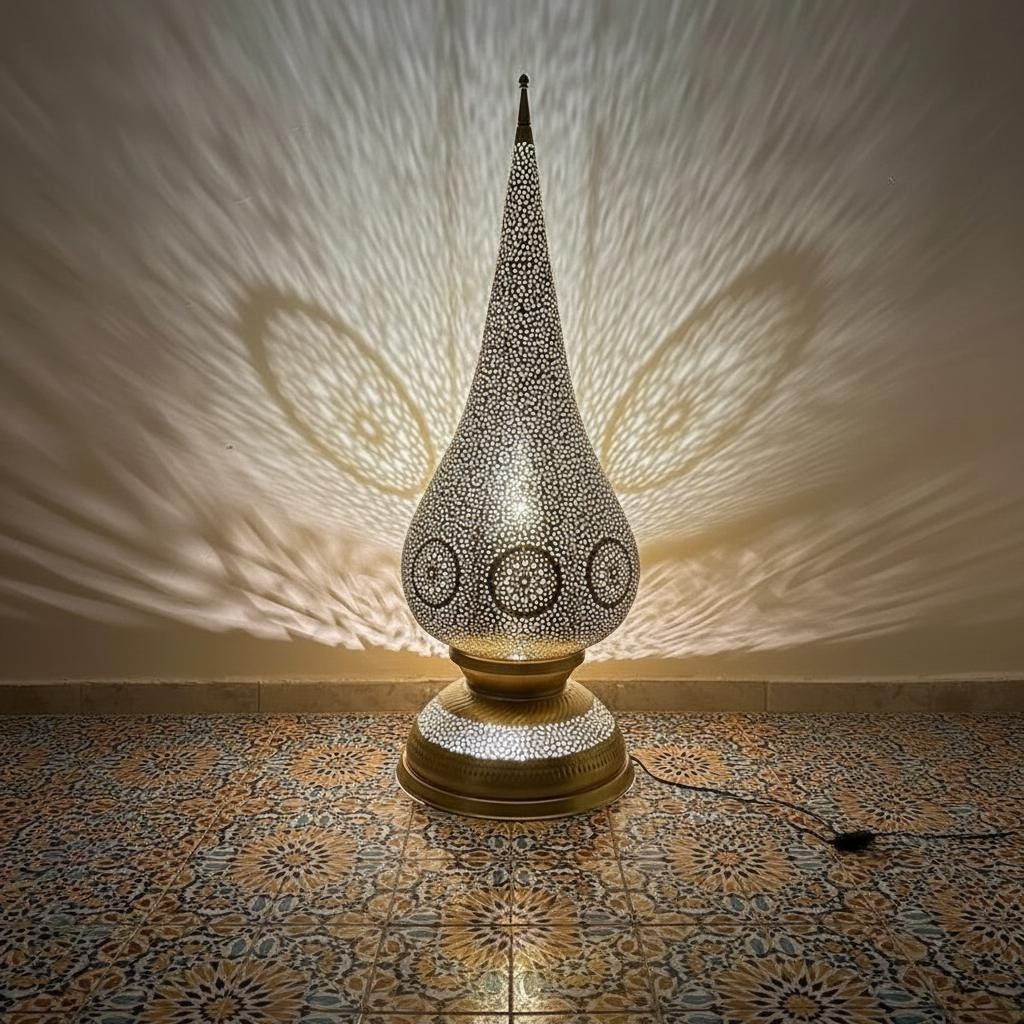 Handmade Moroccan Floor Lamp – Brass Pierced Light – Elegant Teardrop Shape – Handmade Moroccan Lighting – Boho Decor Light Fixture