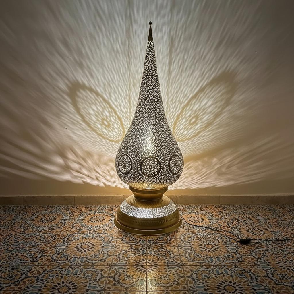 Handmade Moroccan Floor Lamp – Brass Pierced Light – Elegant Teardrop Shape – Handmade Moroccan Lighting – Boho Decor Light Fixture