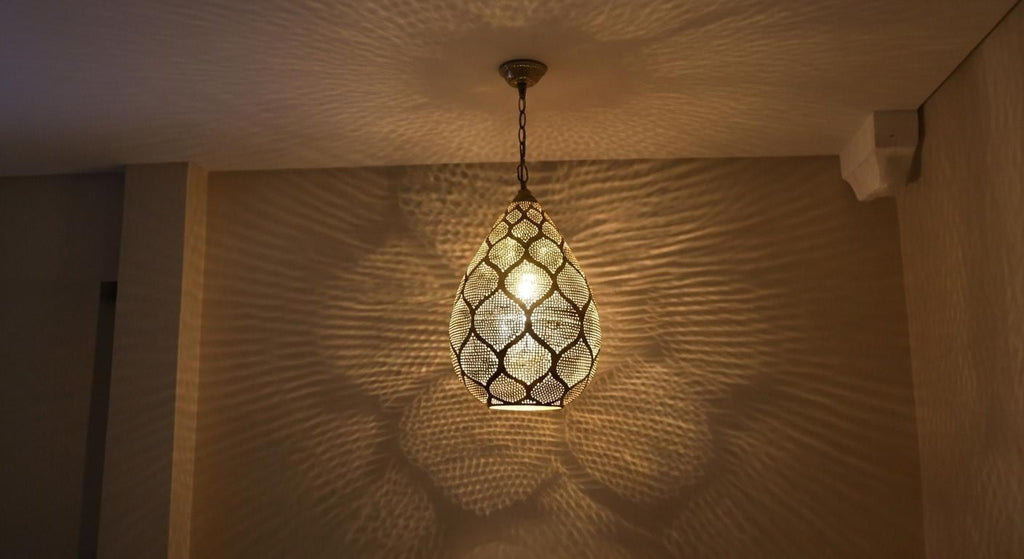 Moroccan Brass Pierced Lamp – Dome Hanging Ceiling Light Handmade by Artisans – Arabic Boho Pendant Light for Home Decoration