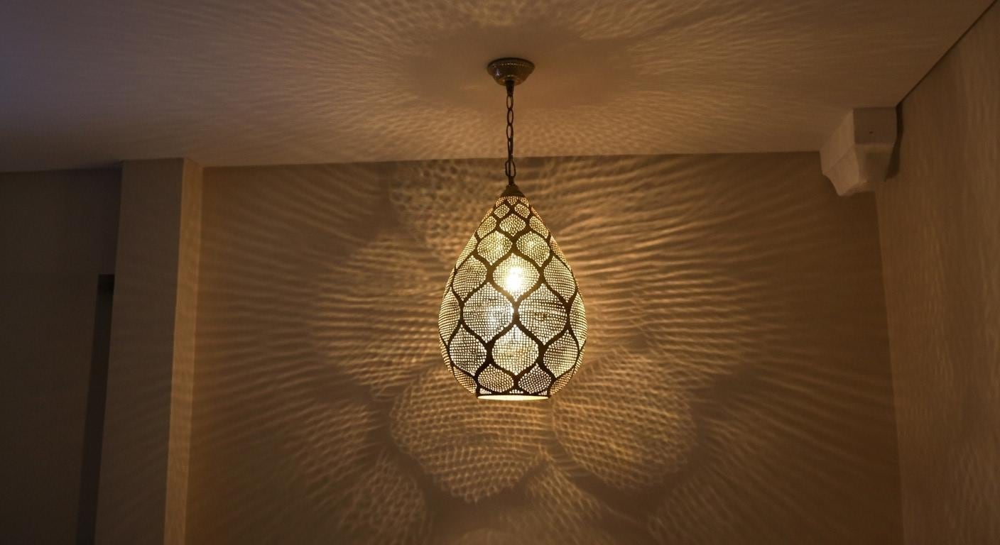 Moroccan Brass Pierced Lamp – Dome Hanging Ceiling Light Handmade by Artisans – Arabic Boho Pendant Light for Home Decoration