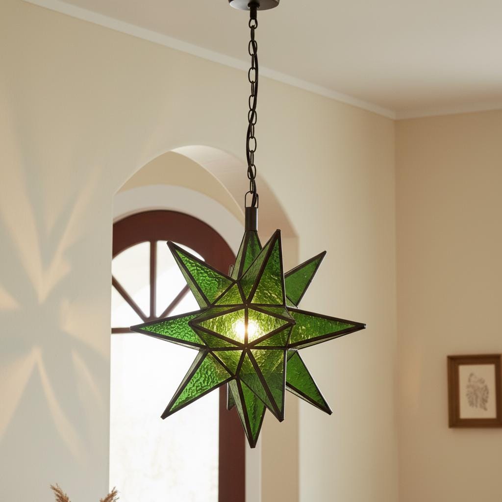 Handmade Green Moroccan Star Lantern ,Geometric Pendant Light Fixture,Artisan Moroccan Hanging Lamp for Home & Decor,Bronze Brass Chandelier