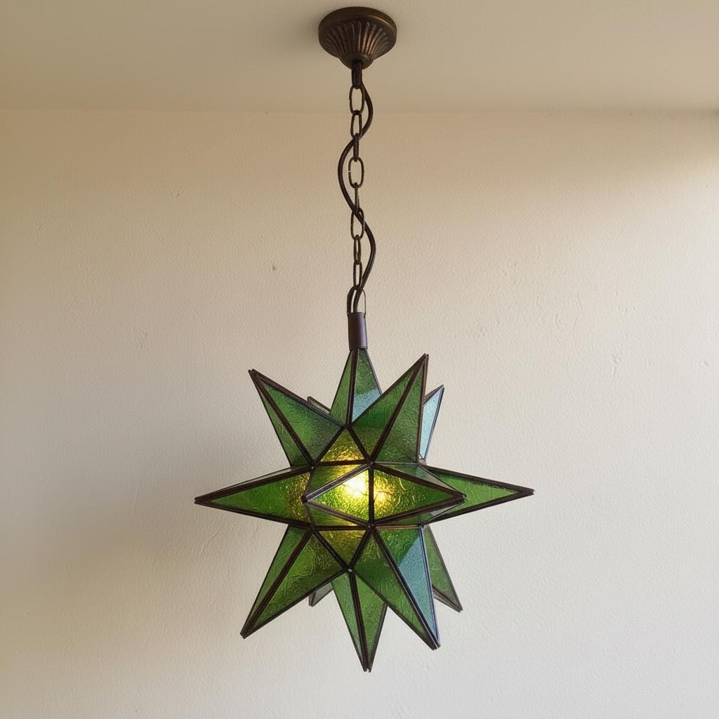 Handmade Green Moroccan Star Lantern ,Geometric Pendant Light Fixture,Artisan Moroccan Hanging Lamp for Home & Decor,Bronze Brass Chandelier