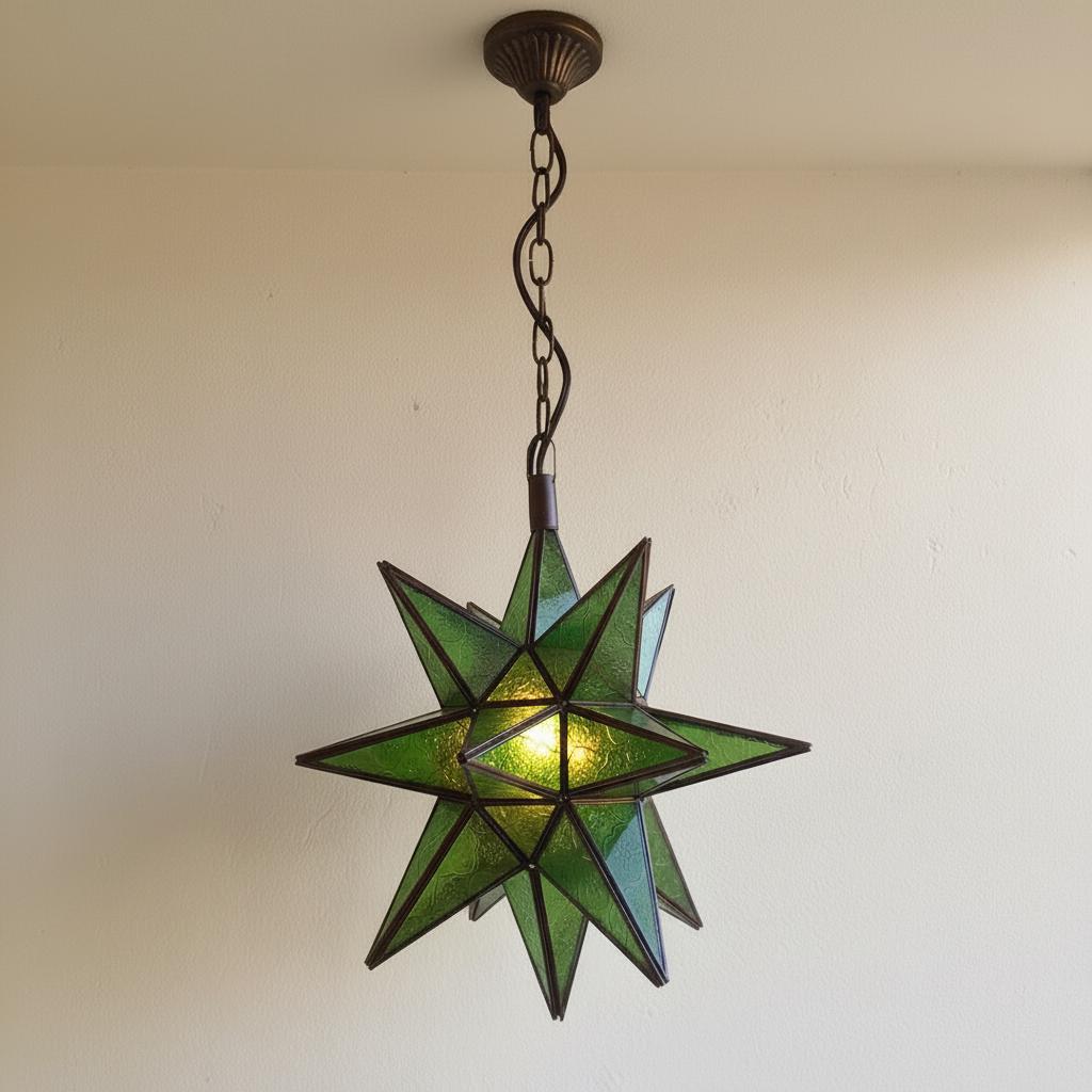 Handmade Green Moroccan Star Lantern ,Geometric Pendant Light Fixture,Artisan Moroccan Hanging Lamp for Home & Decor,Bronze Brass Chandelier