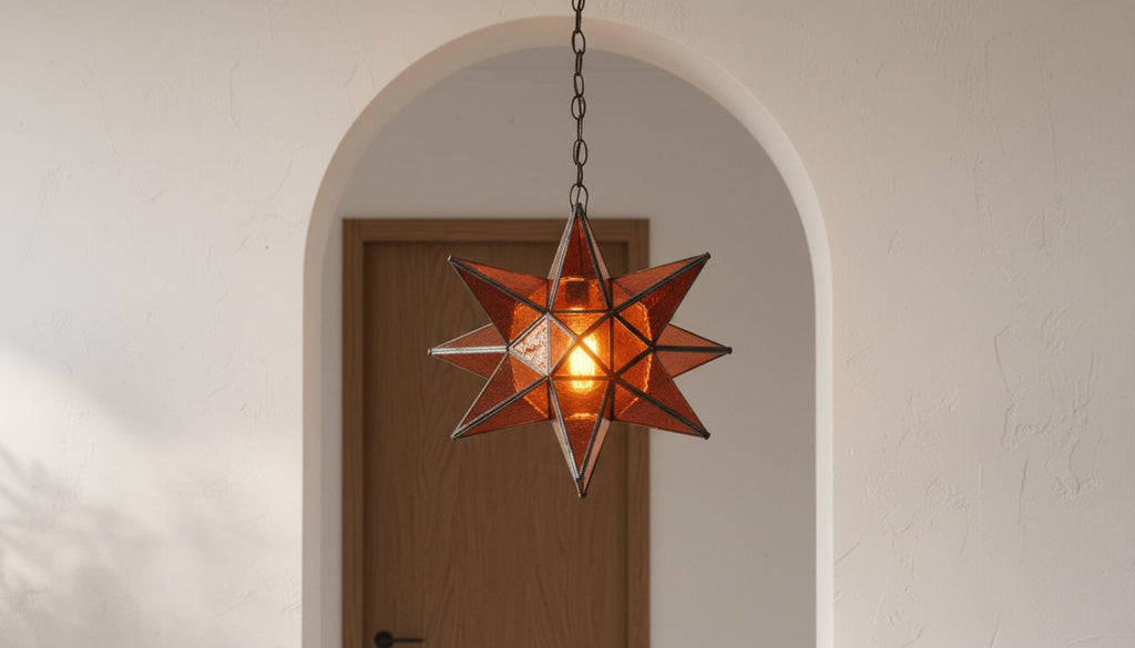 Moroccan Star Pendant Light | Amber Glass Hanging Lamp|Handmade Boho Ceiling Lighting Fixture for Bedroom or Entryway Decor|Brass Chandelier