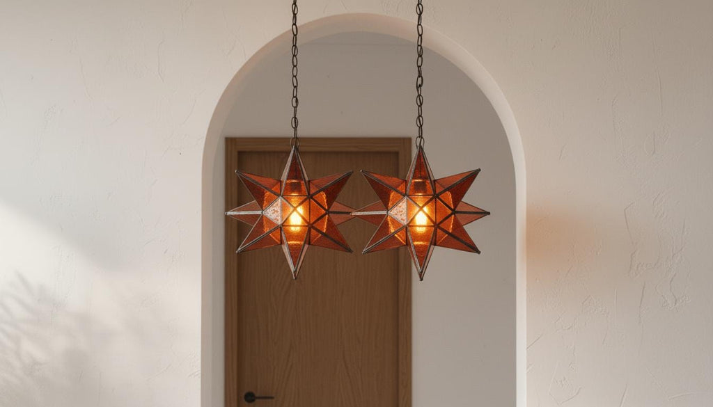 Moroccan Star Pendant Light | Amber Glass Hanging Lamp|Handmade Boho Ceiling Lighting Fixture for Bedroom or Entryway Decor|Brass Chandelier