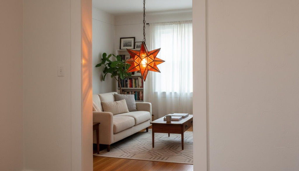 Moroccan Star Pendant Light | Amber Glass Hanging Lamp|Handmade Boho Ceiling Lighting Fixture for Bedroom or Entryway Decor|Brass Chandelier