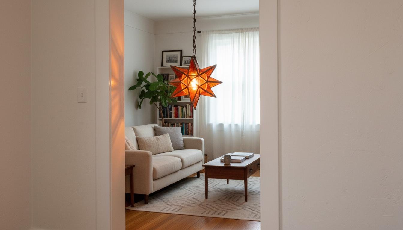 Moroccan Star Pendant Light | Amber Glass Hanging Lamp|Handmade Boho Ceiling Lighting Fixture for Bedroom or Entryway Decor|Brass Chandelier