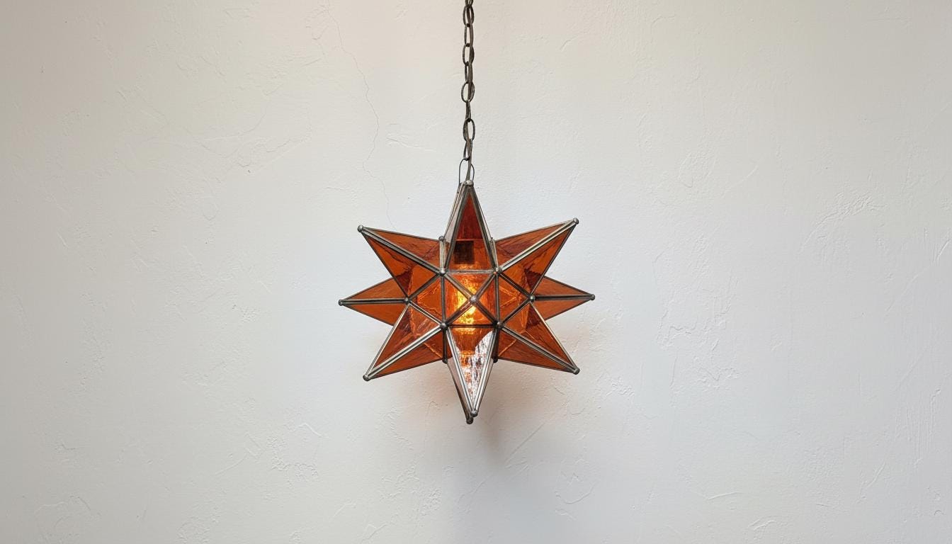 Moroccan Star Pendant Light | Amber Glass Hanging Lamp|Handmade Boho Ceiling Lighting Fixture for Bedroom or Entryway Decor|Brass Chandelier
