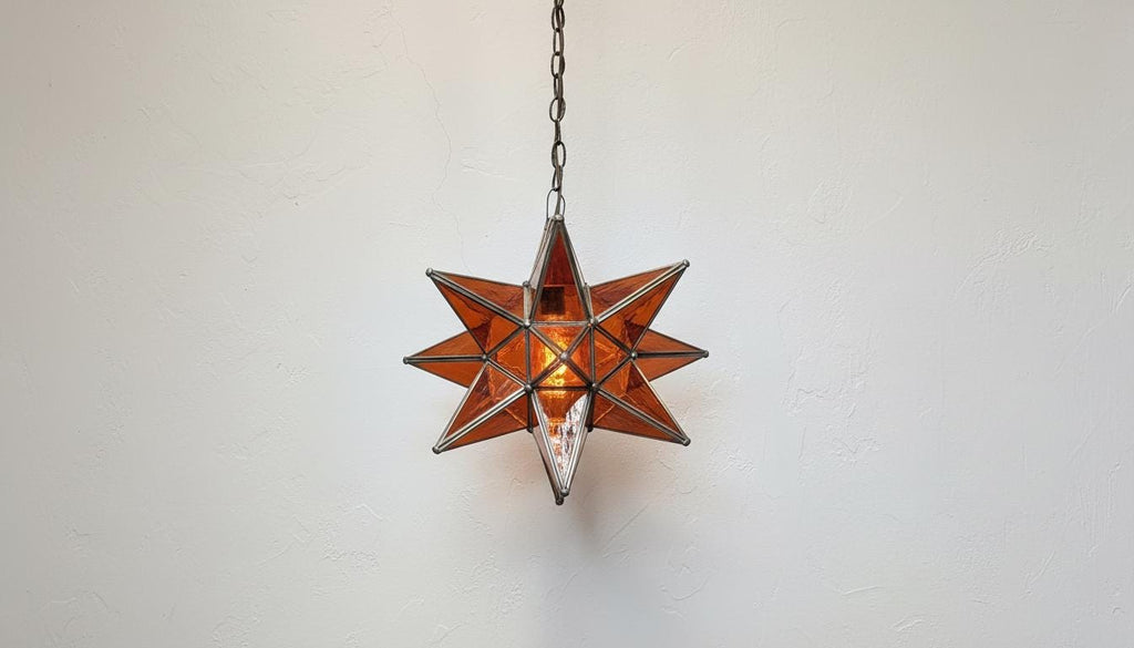 Moroccan Star Pendant Light | Amber Glass Hanging Lamp|Handmade Boho Ceiling Lighting Fixture for Bedroom or Entryway Decor|Brass Chandelier