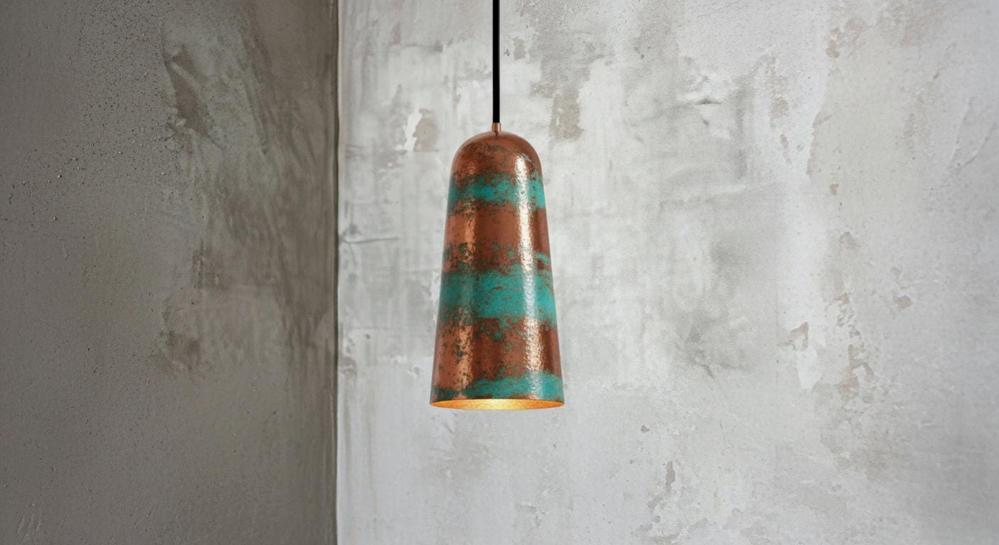 Handmade Green Patina Copper Pendant Light - Rustic Farmhouse Dome Lamp