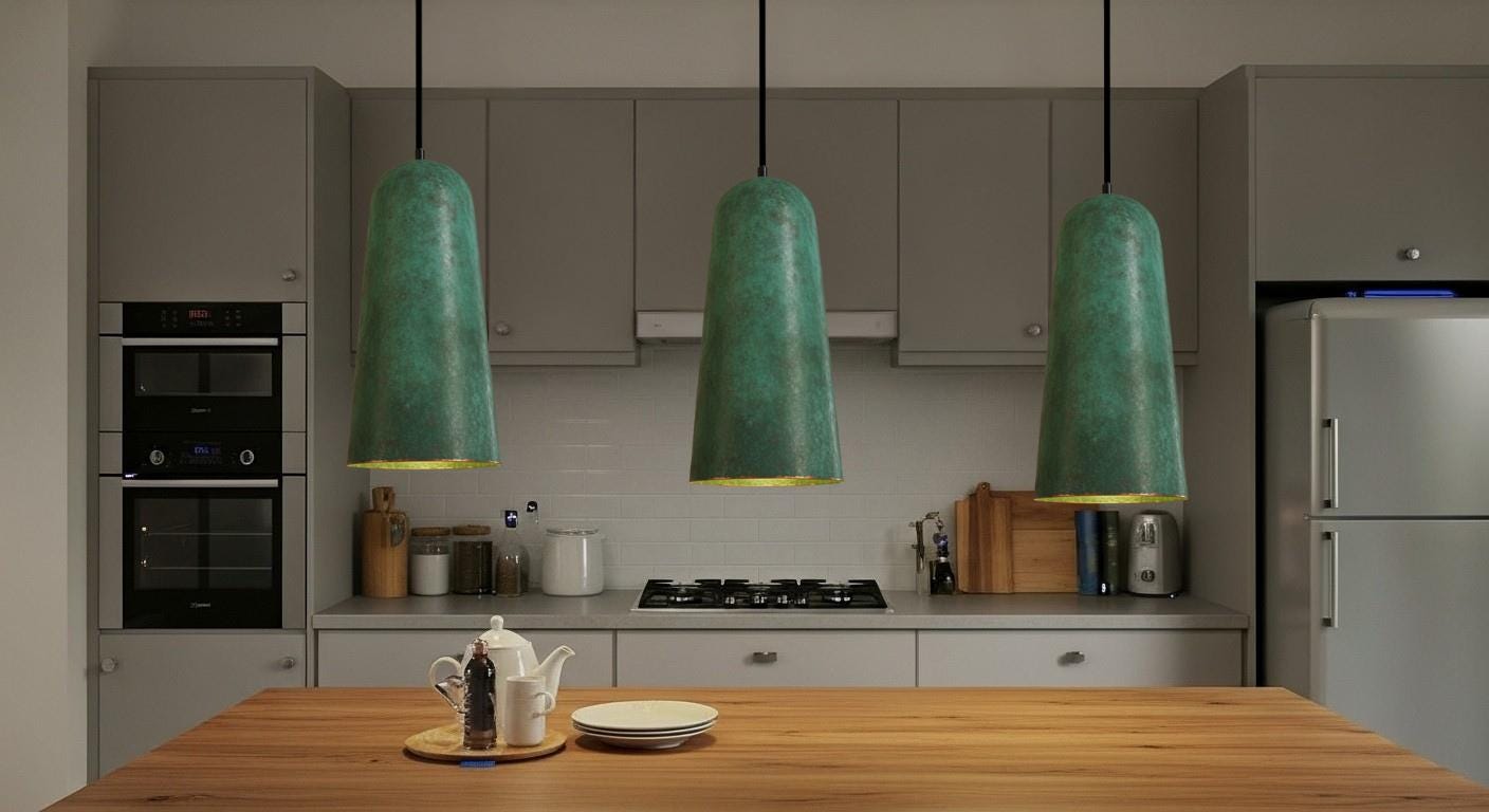Handmade Green Patina Copper Pendant Light - Rustic Farmhouse Dome Lamp - Verdigris Patina Kitchen Island Lighting -Copper Hanging Lamp