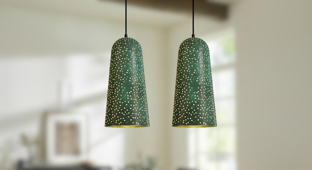 Handmade Green Patina Pendant Light | Moroccan Brass Lamp with Star Pierced Design | Boho Ceiling Lighting for Cozy Home Decor