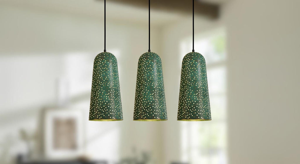 Handmade Green Patina Pendant Light | Moroccan Brass Lamp with Star Pierced Design | Boho Ceiling Lighting for Cozy Home Decor