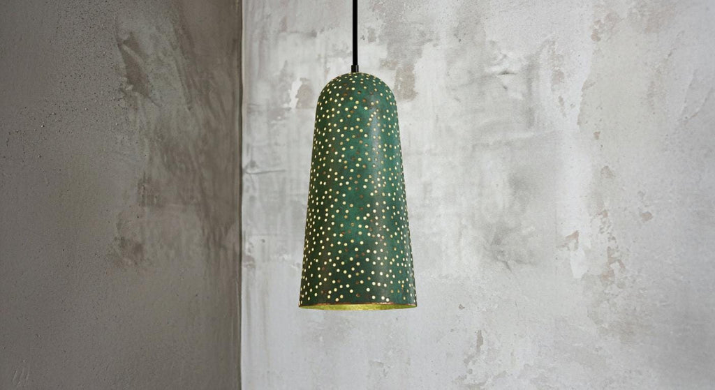Handmade Green Patina Pendant Light | Moroccan Brass Lamp with Star Pierced Design | Boho Ceiling Lighting for Cozy Home Decor