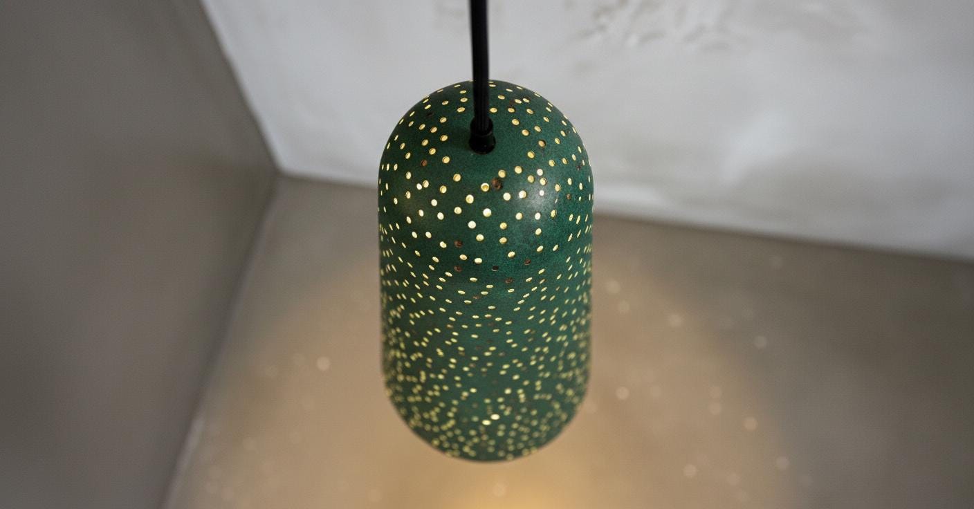 Handmade Green Patina Pendant Light | Moroccan Brass Lamp with Star Pierced Design | Boho Ceiling Lighting for Cozy Home Decor
