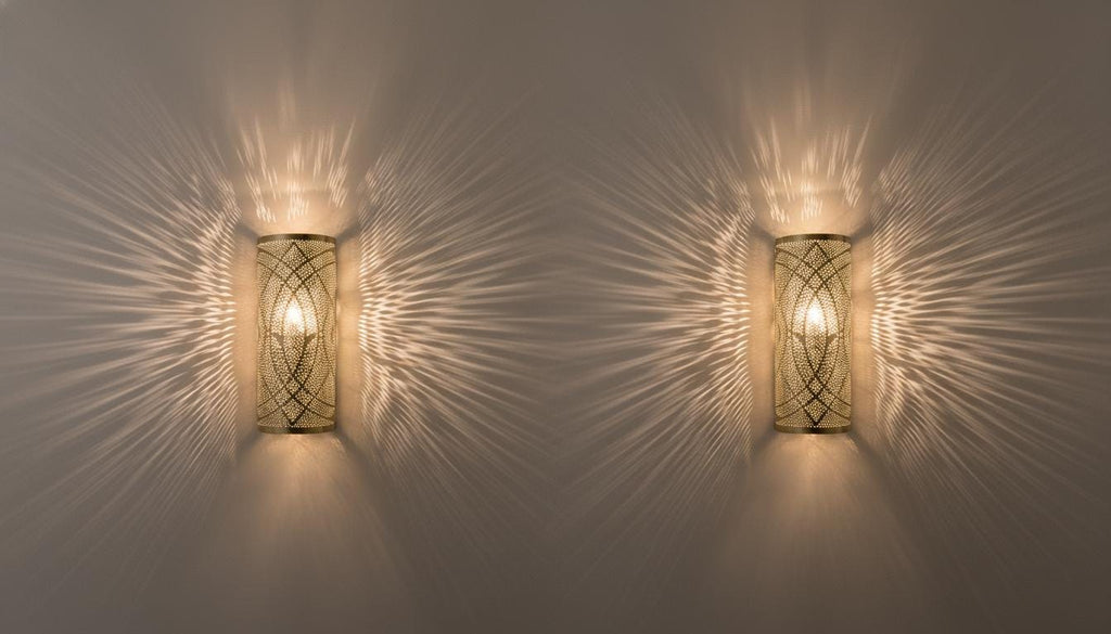 Set of 2 Moroccan Brass Wall Sconces: Handcrafted Geometric Lamps