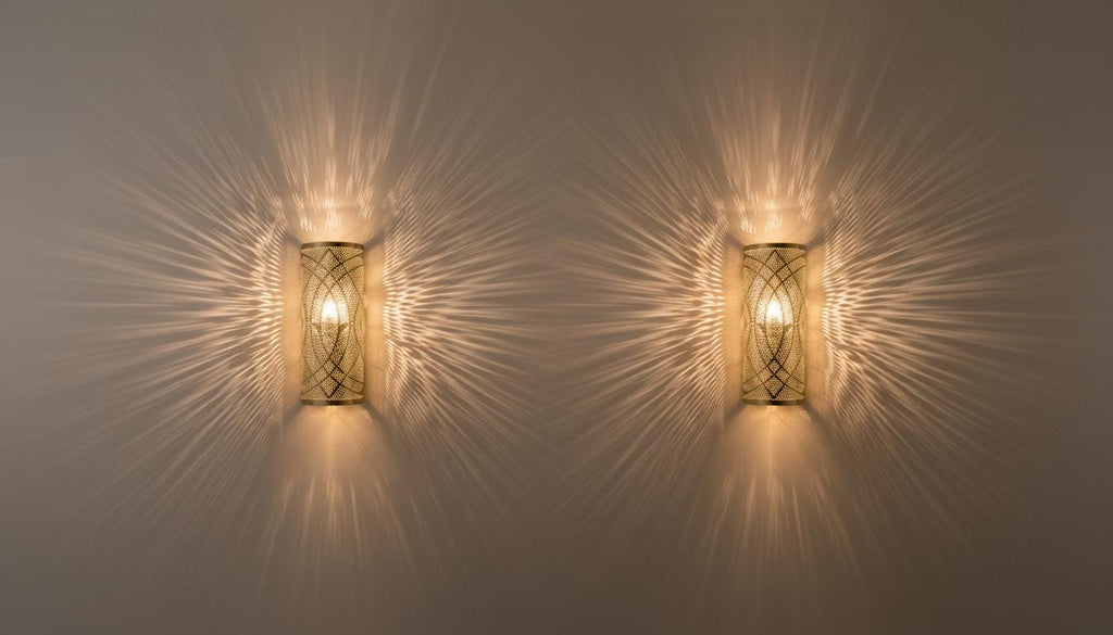Set of 2 Moroccan Brass Wall Sconces: Handcrafted Geometric Lamps