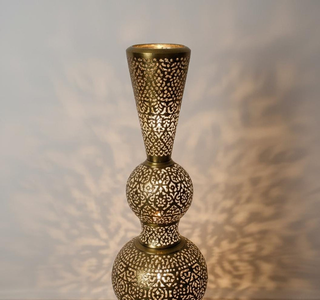 Handmade Moroccan Brass Table Lamp: Filigree Shadow Light