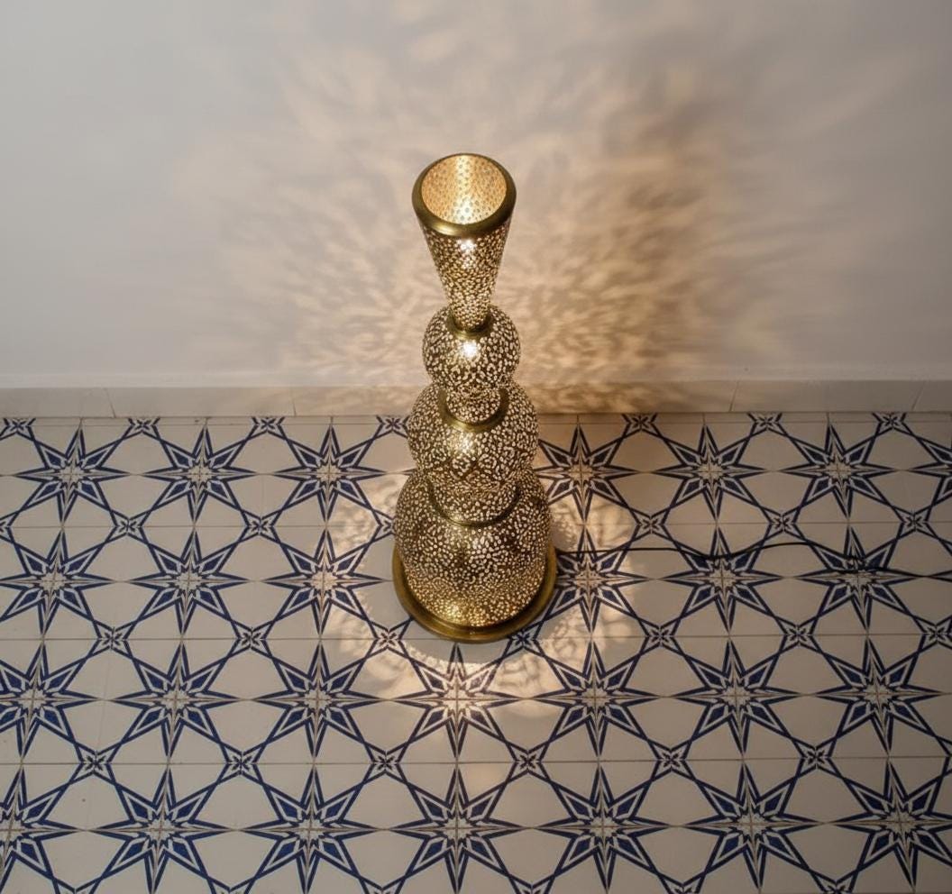 Handmade Moroccan Brass Table Lamp: Filigree Shadow Light