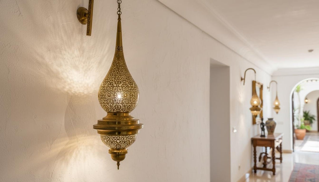 Handmade Moroccan Brass Wall Sconce | Tear Drop Filigree Light Fixture | Moroccan Brass Pendant Light | Gold Shadow Light for Living Room or Hallway