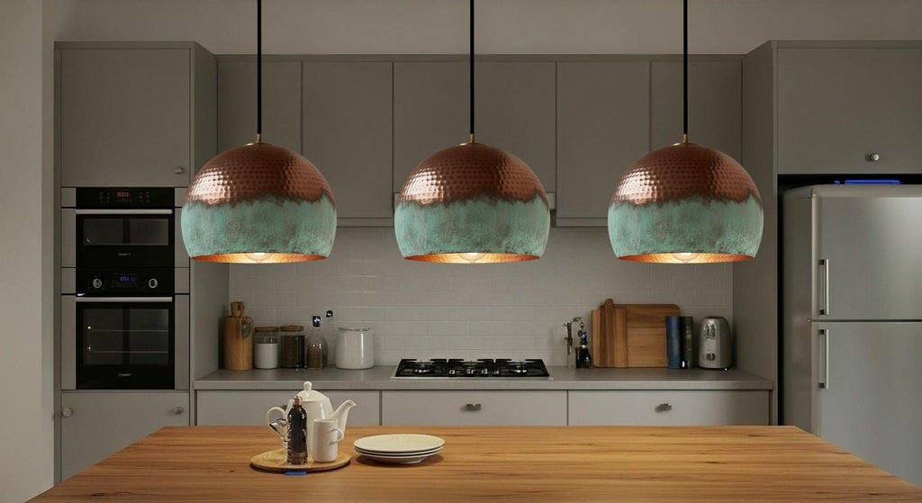 Handmade Oxidized Copper Pendant Light , Perforated Dome Ceiling Fixture ,Green Patina, Kitchen Island Lighting,Rustic chandelier,Lighting