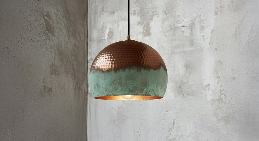 Handmade Oxidized Copper Pendant Light , Perforated Dome Ceiling Fixture ,Green Patina, Kitchen Island Lighting,Rustic chandelier,Lighting