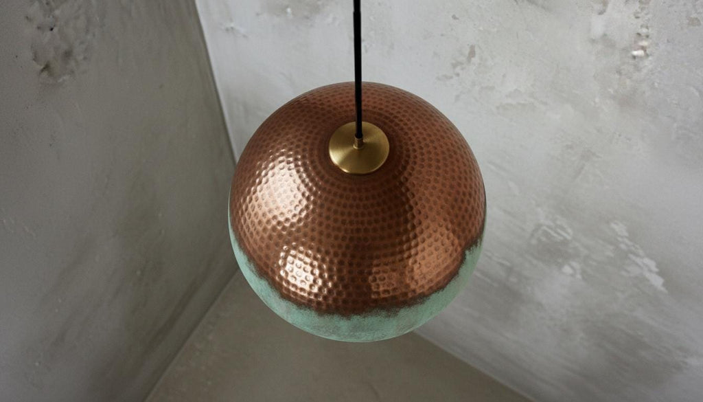 Handmade Oxidized Copper Pendant Light , Perforated Dome Ceiling Fixture ,Green Patina, Kitchen Island Lighting,Rustic chandelier,Lighting