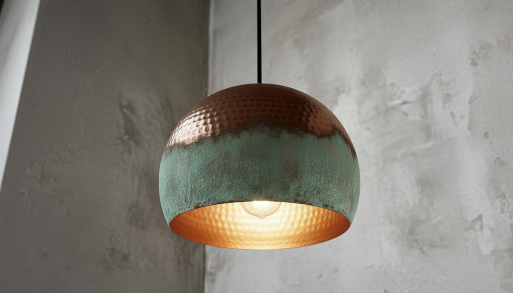Handmade Oxidized Copper Pendant Light , Perforated Dome Ceiling Fixture ,Green Patina, Kitchen Island Lighting,Rustic chandelier,Lighting