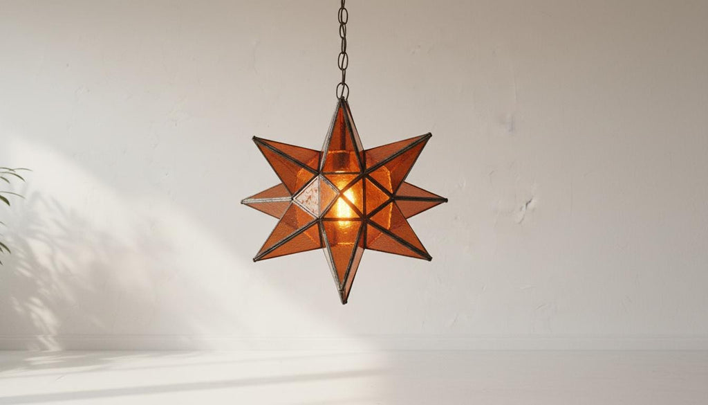 Moroccan Star Pendant Light | Amber Glass Hanging Lamp|Handmade Boho Ceiling Lighting Fixture for Bedroom or Entryway Decor|Brass Chandelier
